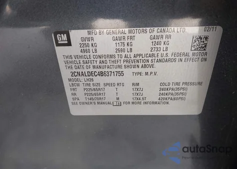 2011 Chevrolet Equinox 1Lt из США, поврежденный, VIN 2CNALDEC4B6371755